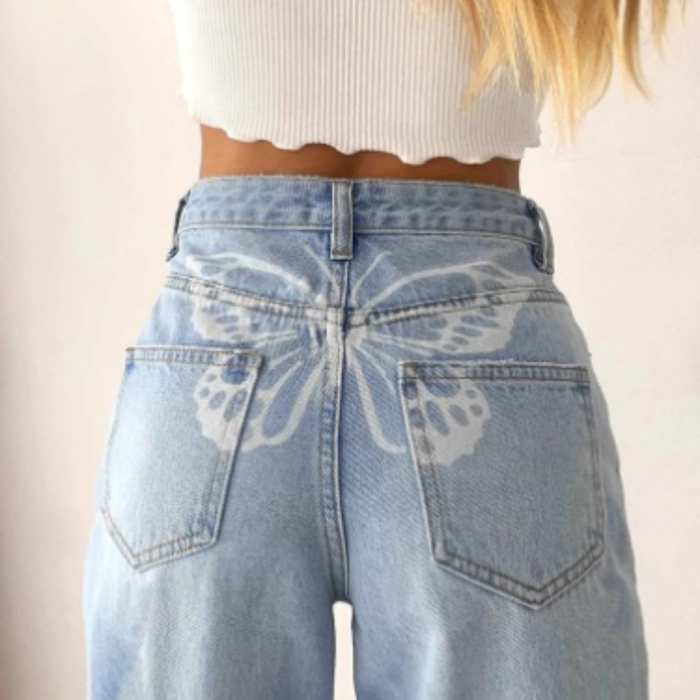 Butterfly pattern high-rise women's jeans